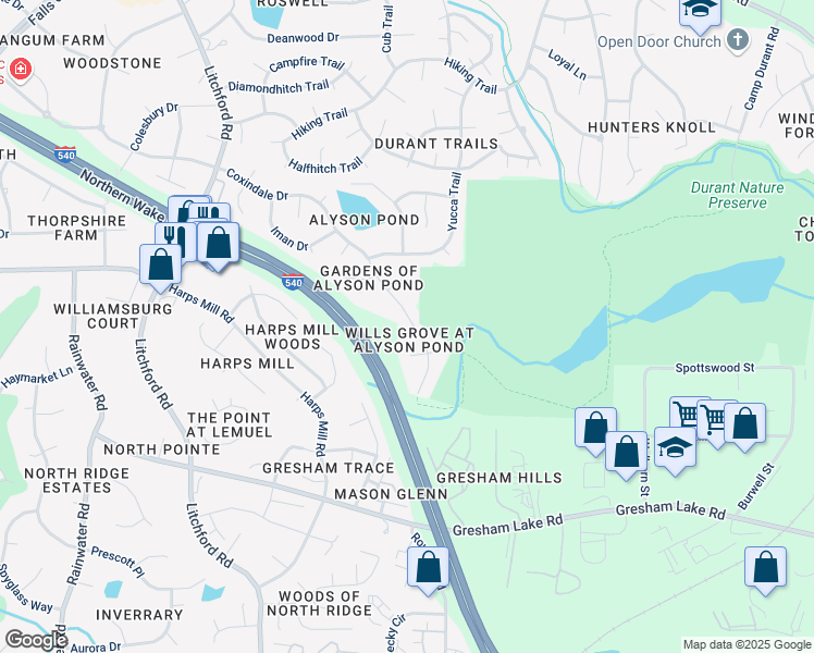 map of restaurants, bars, coffee shops, grocery stores, and more near 3030 Coxindale Drive in Raleigh