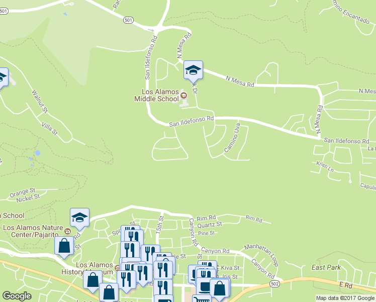 map of restaurants, bars, coffee shops, grocery stores, and more near 1910 Camino Redondo in Los Alamos