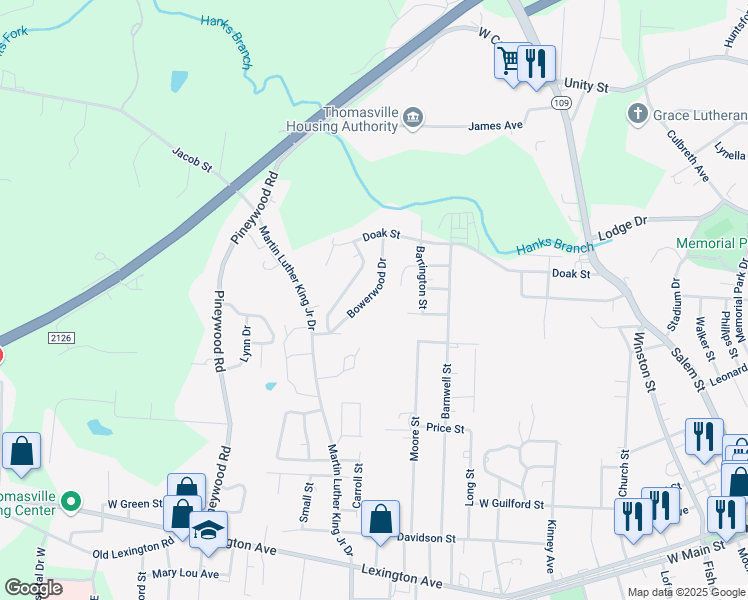 map of restaurants, bars, coffee shops, grocery stores, and more near 819 Bowerwood Drive in Thomasville