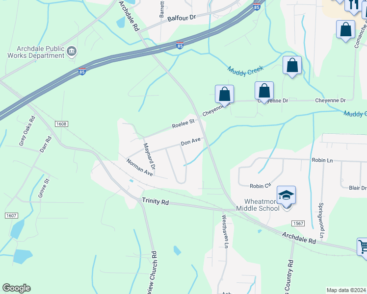 map of restaurants, bars, coffee shops, grocery stores, and more near 105 Don Avenue in Trinity