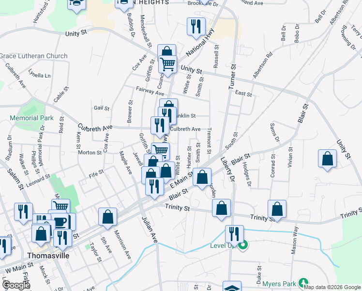 map of restaurants, bars, coffee shops, grocery stores, and more near 207 White Street in Thomasville