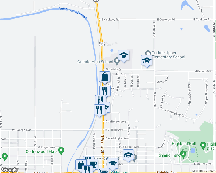 map of restaurants, bars, coffee shops, grocery stores, and more near 219 East Hill Drive in Guthrie