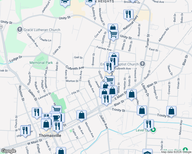 map of restaurants, bars, coffee shops, grocery stores, and more near 131 Jewell Street in Thomasville