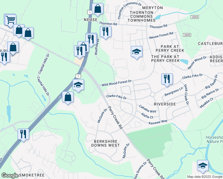 map of restaurants, bars, coffee shops, grocery stores, and more near 5201 Clarks Fork Drive in Raleigh