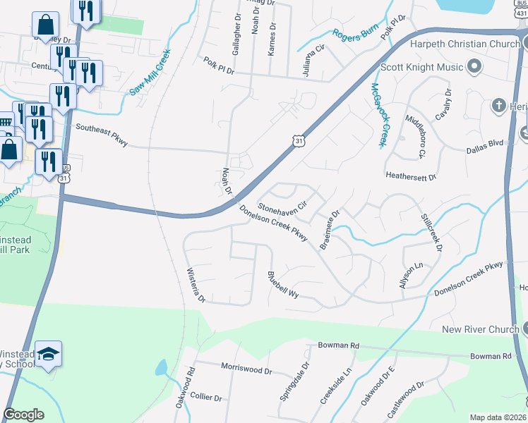 map of restaurants, bars, coffee shops, grocery stores, and more near 256 Stonehaven Circle in Franklin