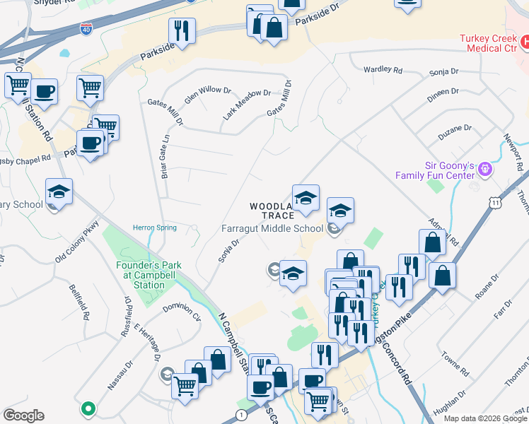 map of restaurants, bars, coffee shops, grocery stores, and more near 11217 Sonja Drive in Knoxville