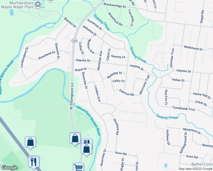 map of restaurants, bars, coffee shops, grocery stores, and more near 2310 Montclair Avenue in Murfreesboro