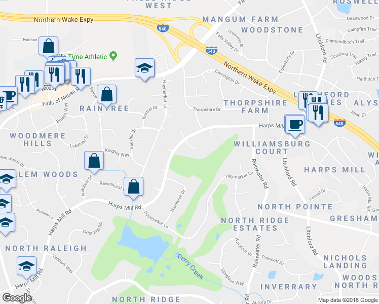 map of restaurants, bars, coffee shops, grocery stores, and more near 7909 South Bridgewater Court in Raleigh