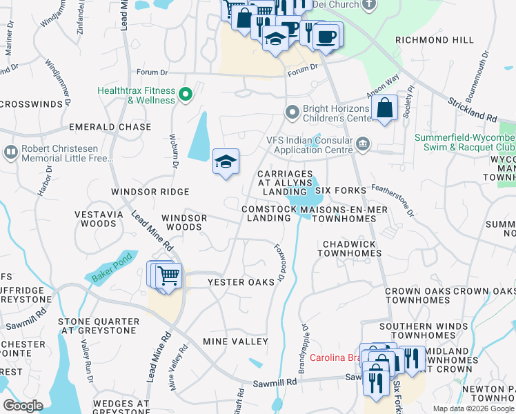 map of restaurants, bars, coffee shops, grocery stores, and more near 842 Swan Neck Lane in Raleigh