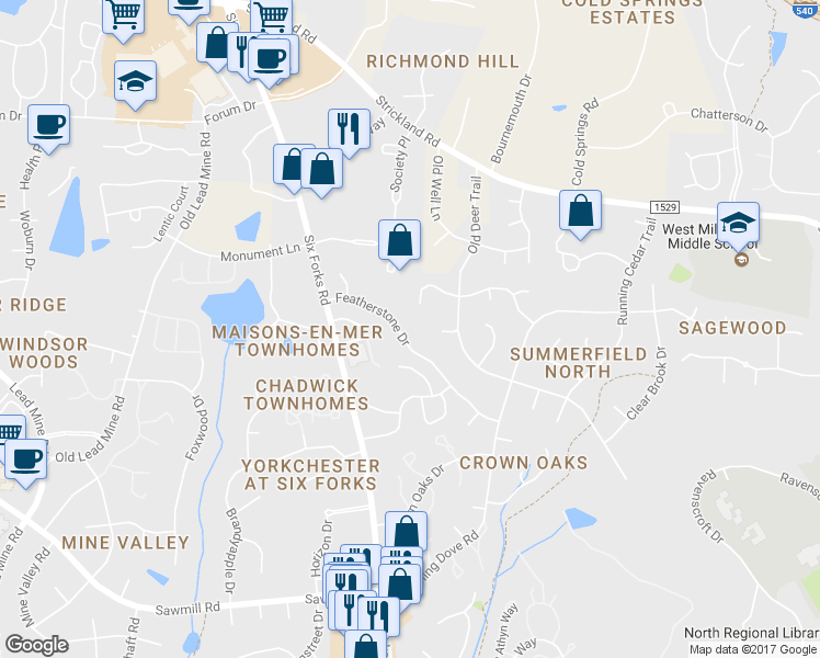 map of restaurants, bars, coffee shops, grocery stores, and more near 7900 Featherstone Drive in Raleigh