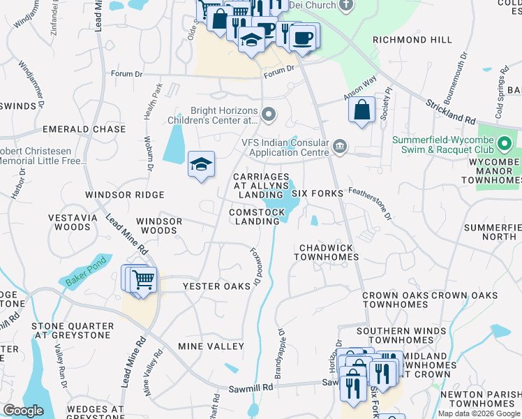 map of restaurants, bars, coffee shops, grocery stores, and more near 8036 Upper Lake Drive in Raleigh