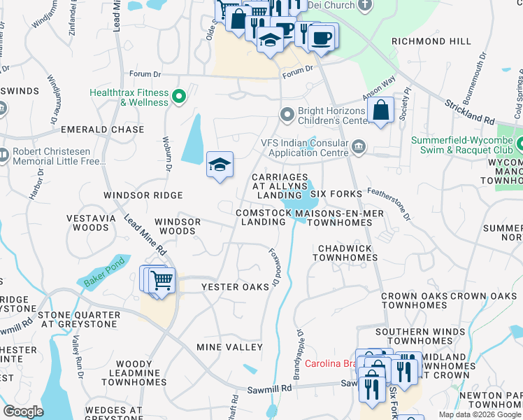 map of restaurants, bars, coffee shops, grocery stores, and more near 8020 Thrush Ridge Lane in Raleigh