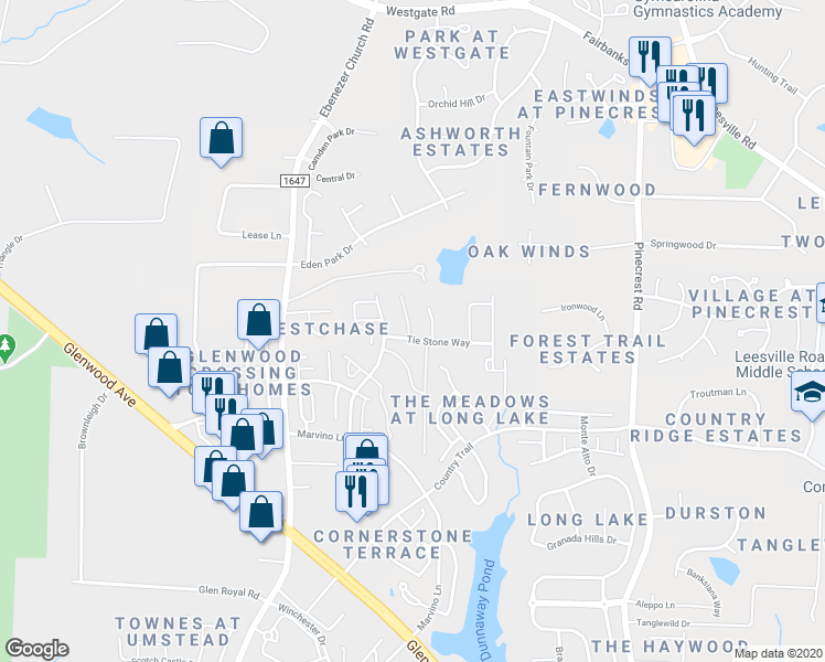 map of restaurants, bars, coffee shops, grocery stores, and more near 8401 Lunar Stone Place in Raleigh