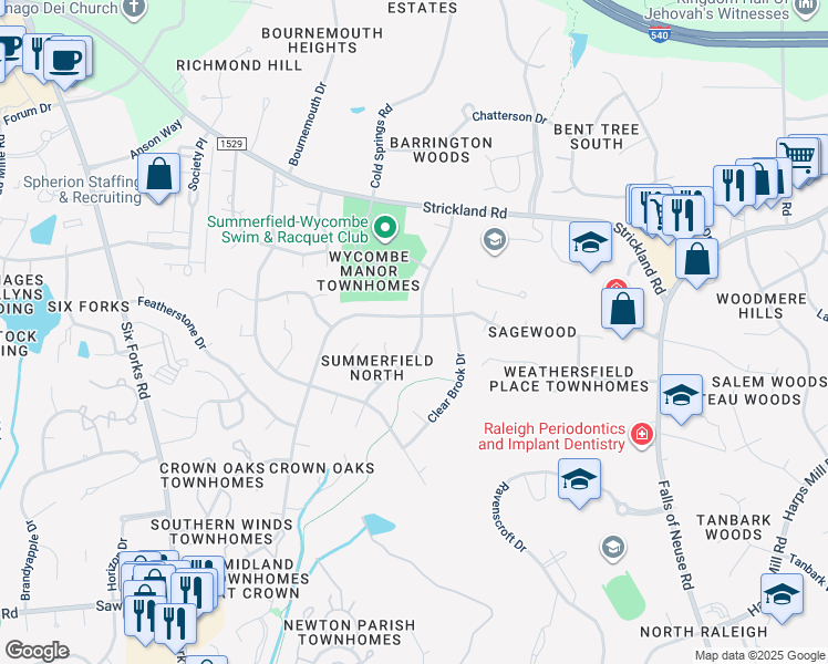 map of restaurants, bars, coffee shops, grocery stores, and more near 8221 Running Cedar Trail in Raleigh