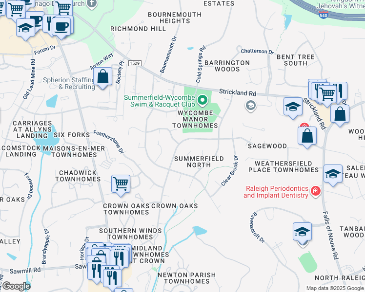 map of restaurants, bars, coffee shops, grocery stores, and more near 8209 Mourning Dove Road in Raleigh