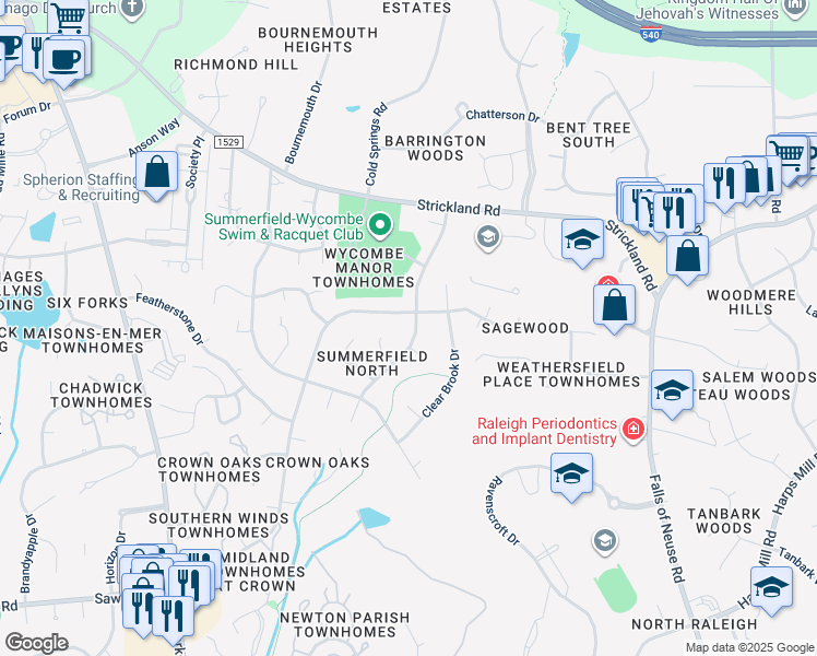 map of restaurants, bars, coffee shops, grocery stores, and more near 8221 Running Cedar Trail in Raleigh