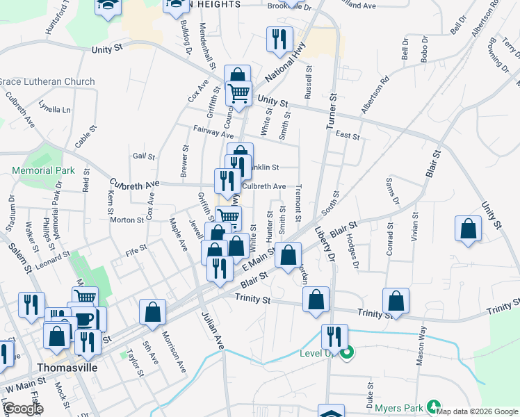 map of restaurants, bars, coffee shops, grocery stores, and more near 207 White Street in Thomasville