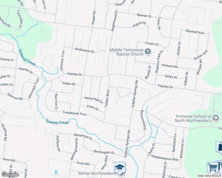 map of restaurants, bars, coffee shops, grocery stores, and more near 2258 Tedder Boulevard in Murfreesboro