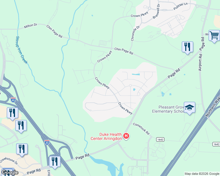map of restaurants, bars, coffee shops, grocery stores, and more near 4720 Crown Parkway in Morrisville