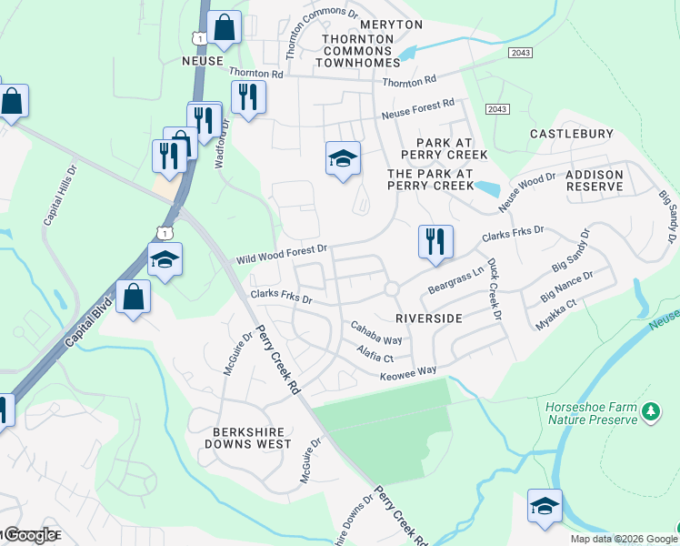 map of restaurants, bars, coffee shops, grocery stores, and more near 5401 Kissimmee Lane in Raleigh