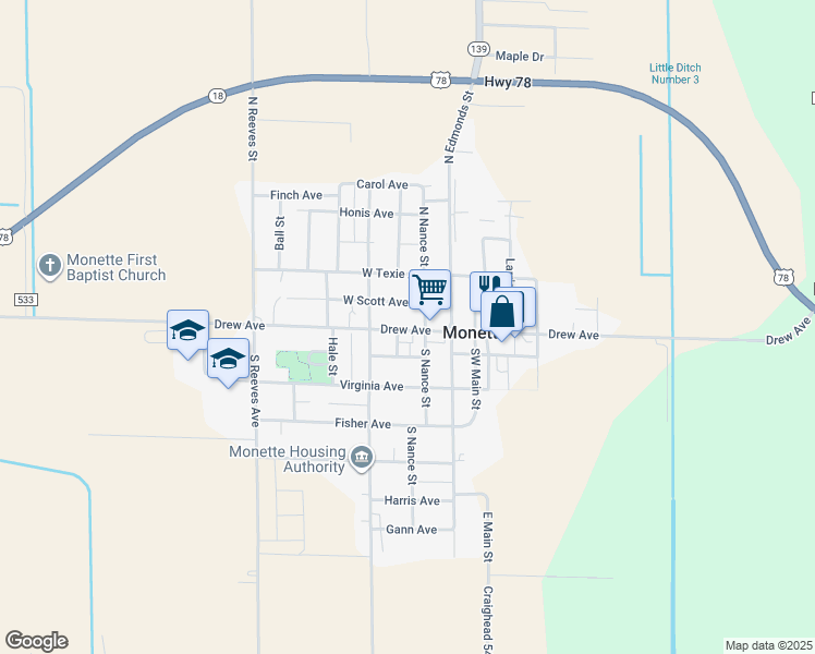 map of restaurants, bars, coffee shops, grocery stores, and more near in Monette