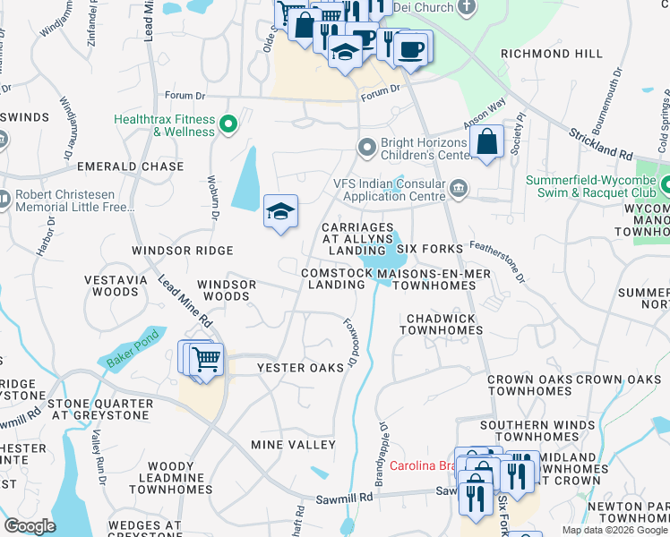 map of restaurants, bars, coffee shops, grocery stores, and more near 8020 Thrush Ridge Lane in Raleigh