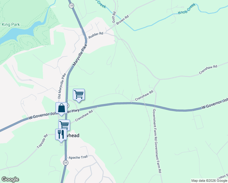 map of restaurants, bars, coffee shops, grocery stores, and more near 6523 Crescent Drive in Knoxville