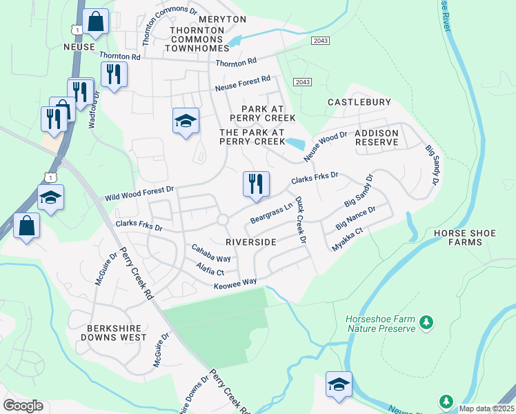 map of restaurants, bars, coffee shops, grocery stores, and more near 5704 Clarks Fork Drive in Raleigh