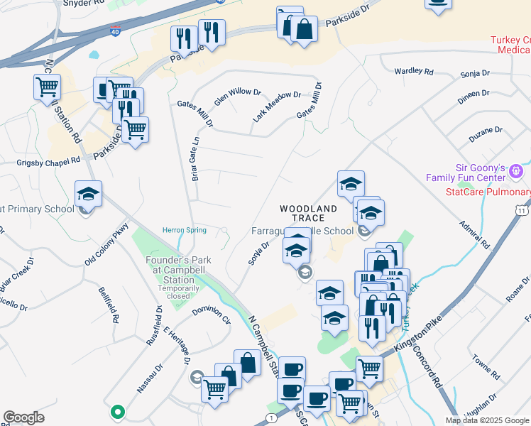 map of restaurants, bars, coffee shops, grocery stores, and more near 236 Woodland Trace Drive in Knoxville