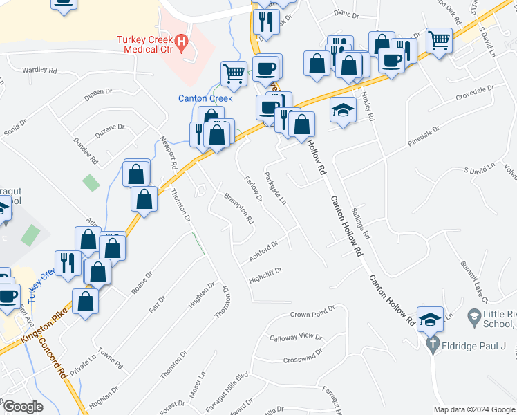 map of restaurants, bars, coffee shops, grocery stores, and more near 141 Farlow Drive in Knoxville