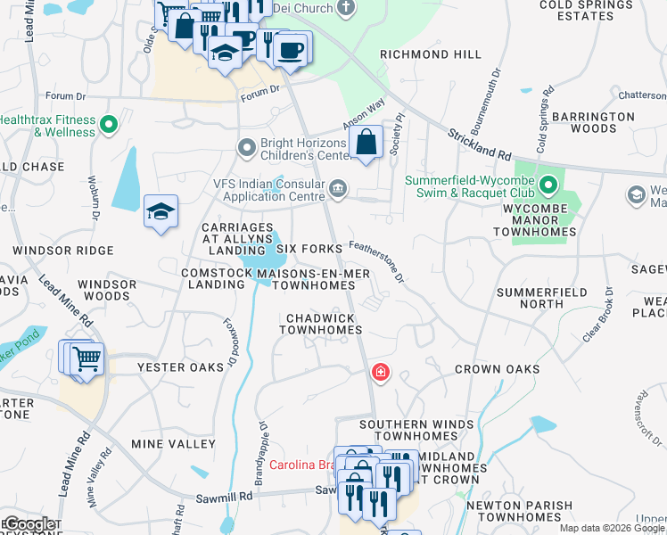 map of restaurants, bars, coffee shops, grocery stores, and more near 106 Bon Marche Lane in Raleigh