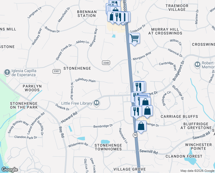map of restaurants, bars, coffee shops, grocery stores, and more near 2613 Salisbury Plain in Raleigh
