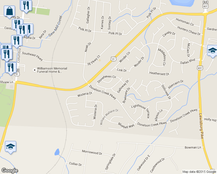 map of restaurants, bars, coffee shops, grocery stores, and more near 267 Stonehaven Circle in Franklin