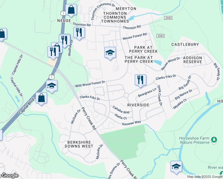 map of restaurants, bars, coffee shops, grocery stores, and more near 5409 Kissimmee Lane in Raleigh