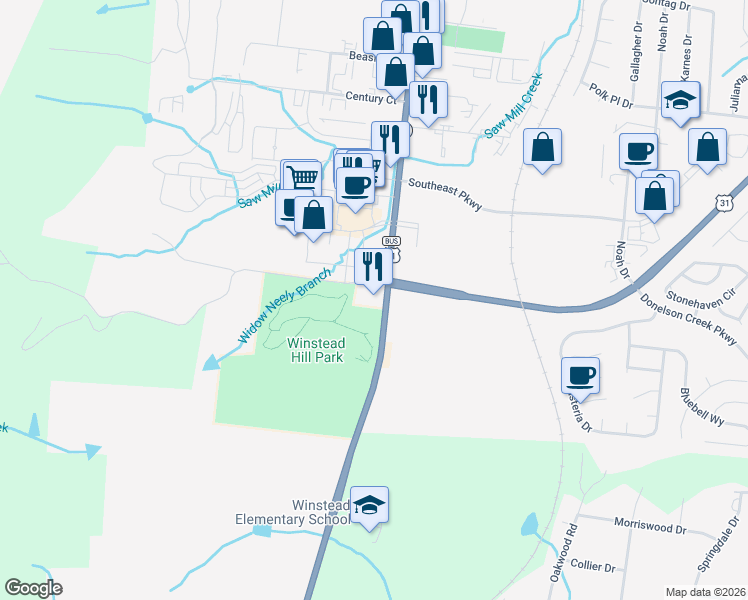 map of restaurants, bars, coffee shops, grocery stores, and more near 1101 Hillview Lane in Franklin
