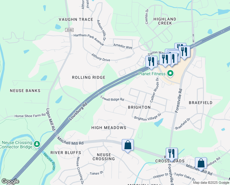 map of restaurants, bars, coffee shops, grocery stores, and more near 8147 Cohosh Court in Raleigh