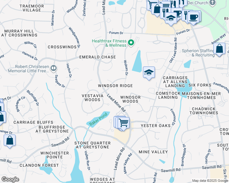 map of restaurants, bars, coffee shops, grocery stores, and more near 7909 Rooksley Court in Raleigh