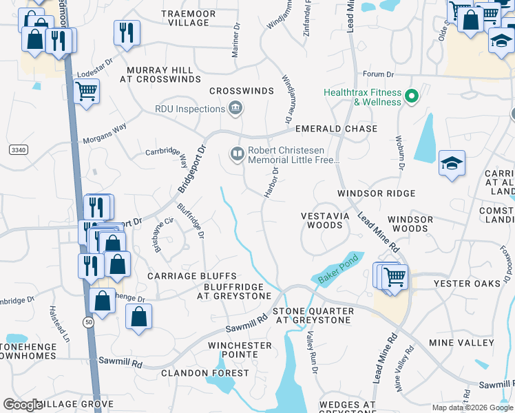 map of restaurants, bars, coffee shops, grocery stores, and more near 7905 Harbor Drive in Raleigh