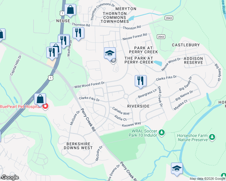 map of restaurants, bars, coffee shops, grocery stores, and more near 8313 Eel Court in Raleigh