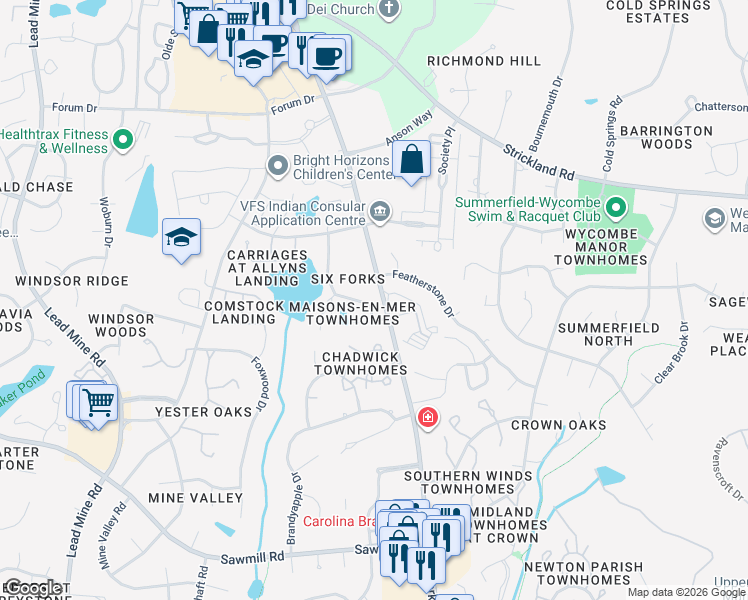 map of restaurants, bars, coffee shops, grocery stores, and more near 106 Bon Marche Lane in Raleigh