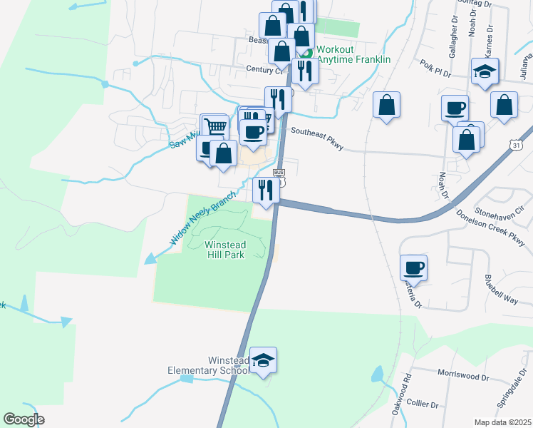 map of restaurants, bars, coffee shops, grocery stores, and more near 1101 Hillview Lane in Franklin