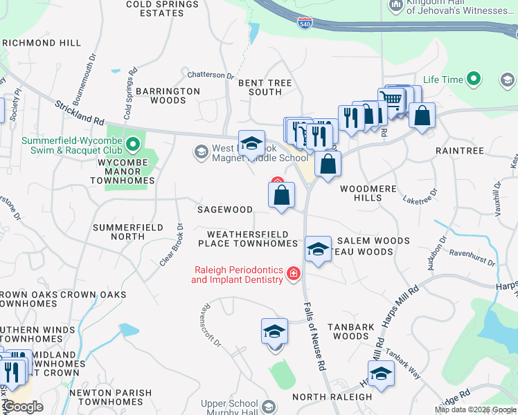 map of restaurants, bars, coffee shops, grocery stores, and more near 8801 Mourning Dove Road in Raleigh