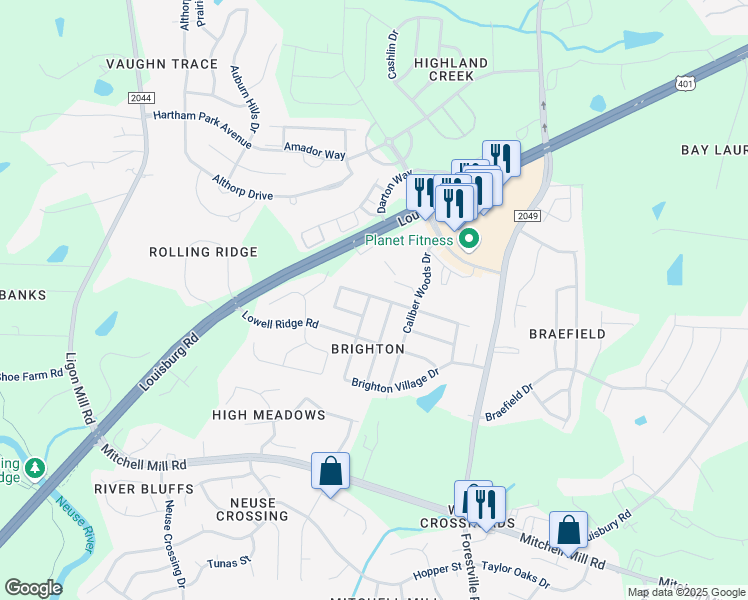 map of restaurants, bars, coffee shops, grocery stores, and more near 8144 Bright Oak Trail in Raleigh