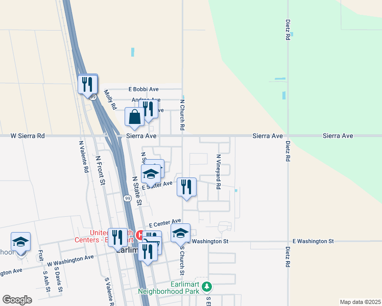 map of restaurants, bars, coffee shops, grocery stores, and more near E Azelia Ct in Earlimart