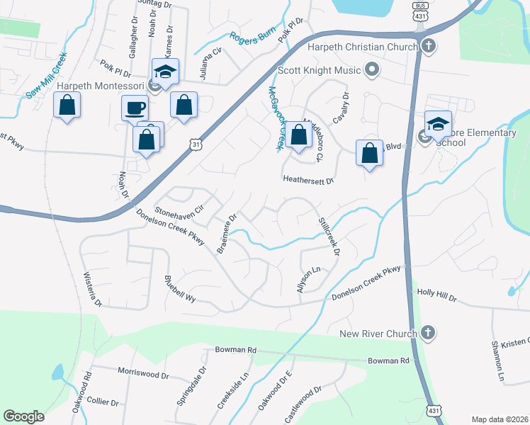 map of restaurants, bars, coffee shops, grocery stores, and more near 406 Strathmore Drive in Franklin