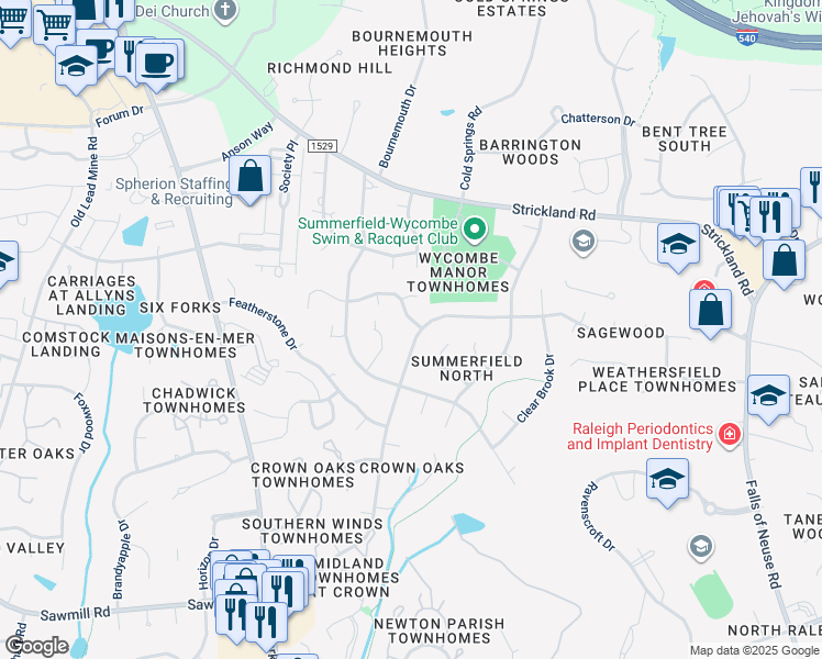 map of restaurants, bars, coffee shops, grocery stores, and more near 8209 Mourning Dove Road in Raleigh
