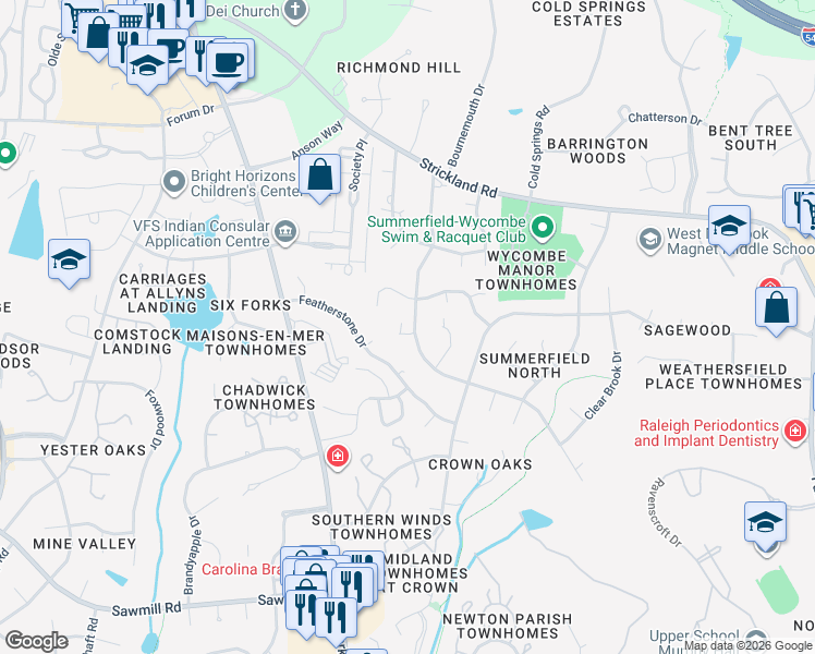 map of restaurants, bars, coffee shops, grocery stores, and more near 8321 Old Deer Trail in Raleigh