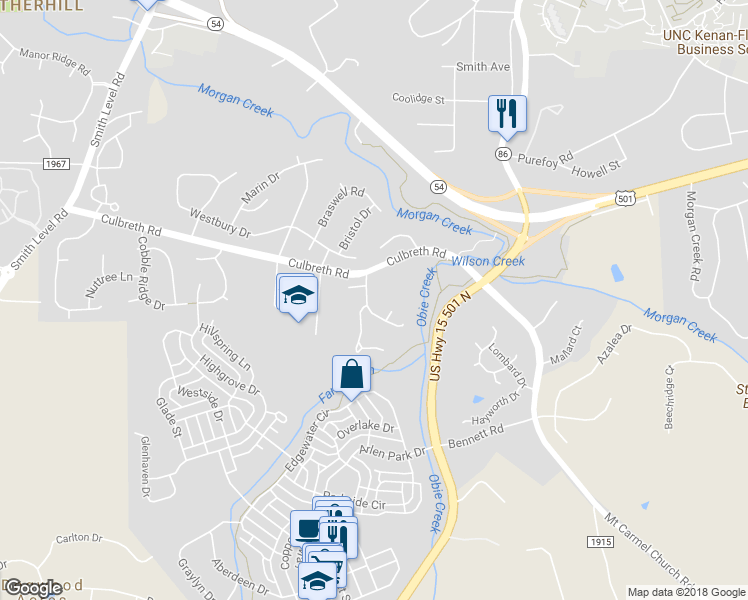 map of restaurants, bars, coffee shops, grocery stores, and more near 109 Culbreth Park Lane in Chapel Hill