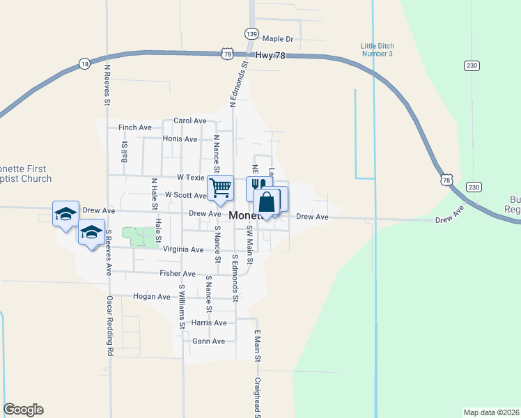 map of restaurants, bars, coffee shops, grocery stores, and more near 100 Southeast Main Street in Monette
