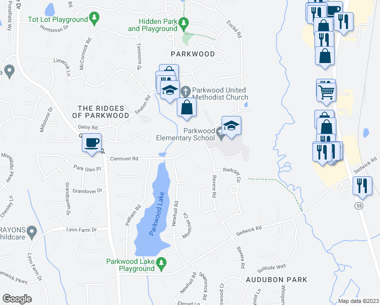 map of restaurants, bars, coffee shops, grocery stores, and more near 1440 Clermont Road in Durham